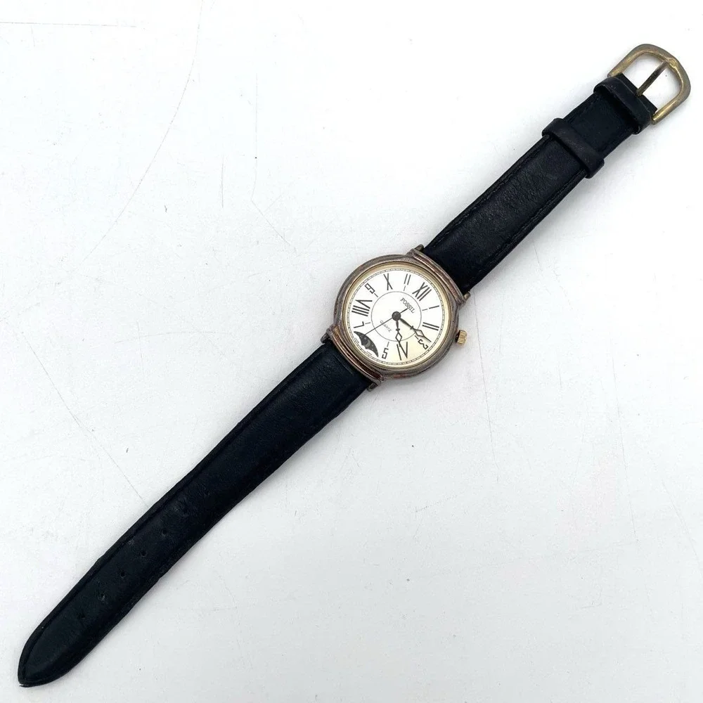 Vintage 90s Fossil Women's Moon Phase Quartz Watch Black Leather Strap Gold Tone